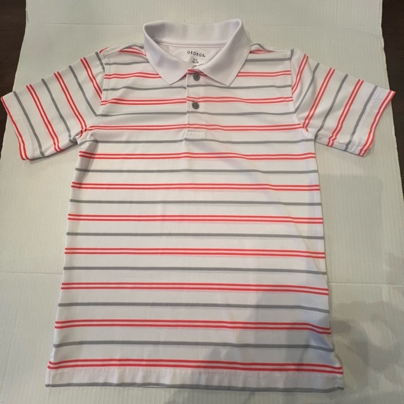 GEORGE BOYS SHORT SLEEVE POLO SHIRT LARGE (10-12)  WHITE W/ORANGE & GRAY STRIPES - Picture 1 of 7